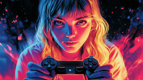 Colorful female gamer holding controller, glowing screen reflection, Nick Kuchar Colorful female gamer holding controller, glowing screen reflection, Nick Kuchar