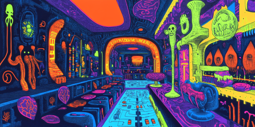 Colorful futuristic office break room with neon art