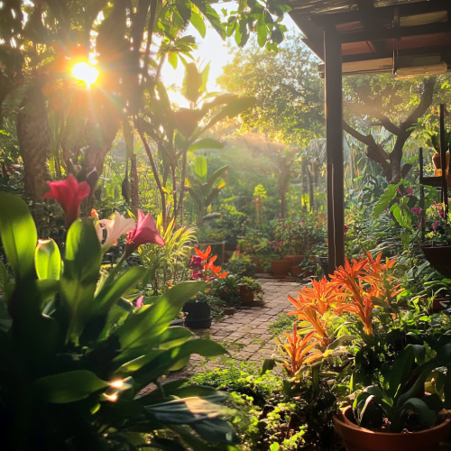 Colorful garden with thriving plants under warm sun. Colorful garden with thriving plants under warm sun.
