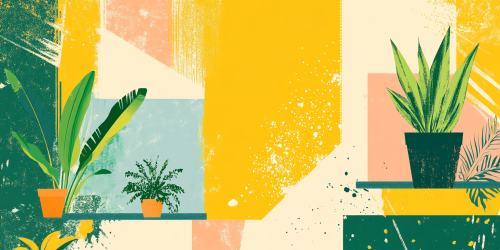 Colorful geometric art with plants and negative space
