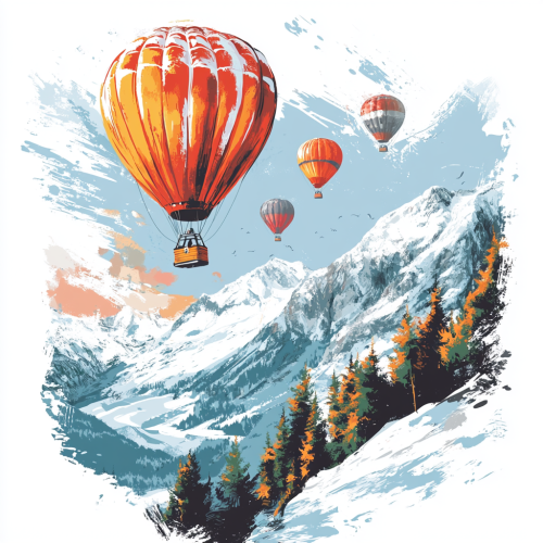 Colorful hot air balloons fly over snowy mountains