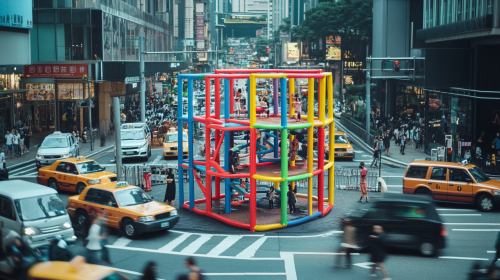 Colorful jungle gym amidst busy city traffic