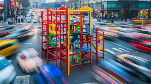 Colorful jungle gym in busy city street