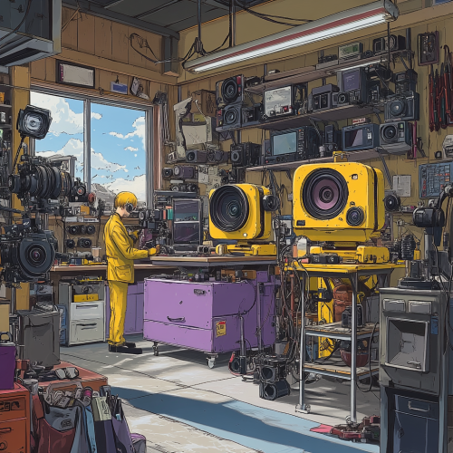 Colorful mechanic shop with anime theme