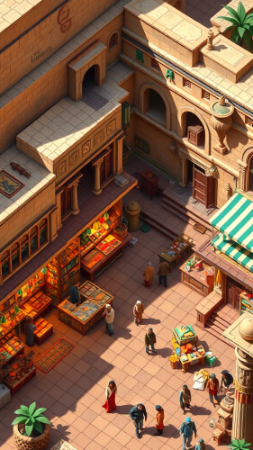 Colorful old Egyptian market with shops, people