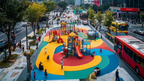 Colorful playground amidst Seoul's busy city street
