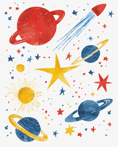 Colorful space nursery art with cute stars and planets