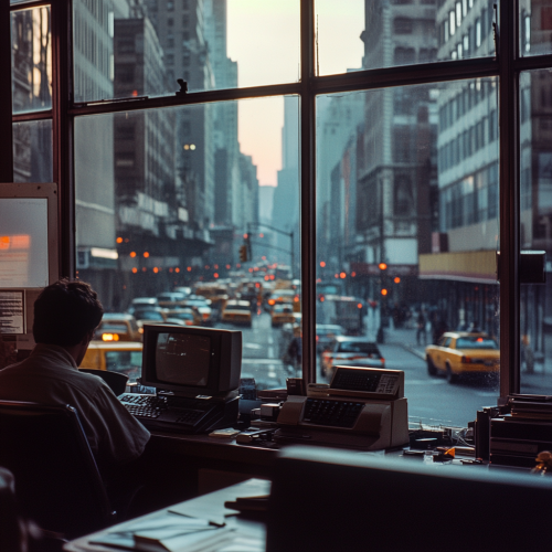 Colorful street photos of busy NYC office in 80s.