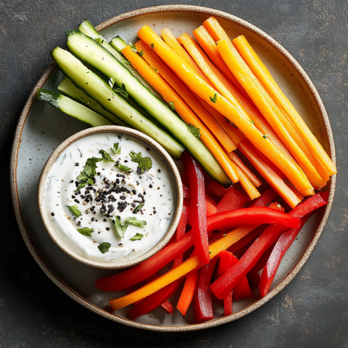 Colorful veggie sticks and creamy yogurt dip display Colorful veggie sticks and creamy yogurt dip display