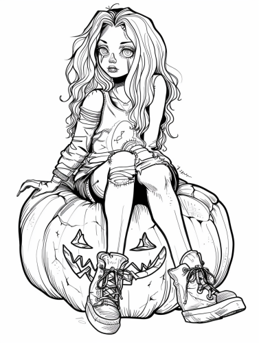 Coloring book page for teens, undead girl, pumpkin.