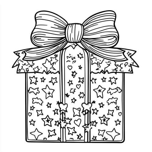 Coloring book: Christmas gift with stars and hearts.