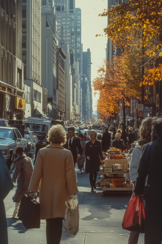 Colour street photography capturing 1980s NYC hustle and bustle.