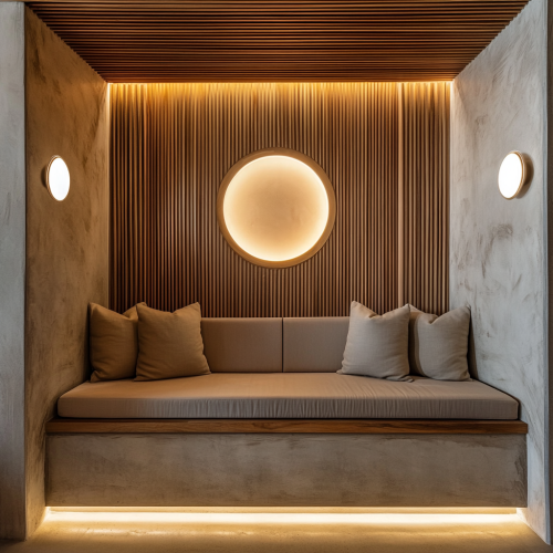 Comfortable room with bench, sign, and sconces