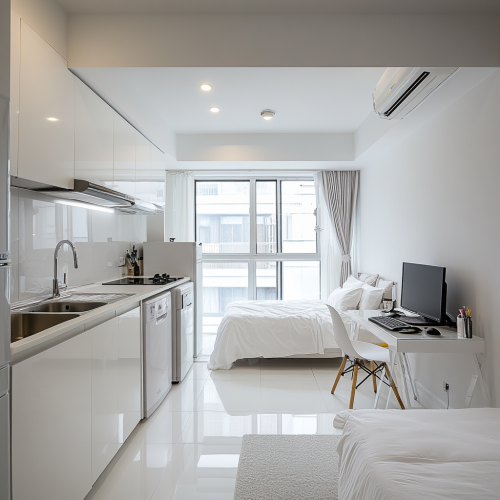 Compact studio apartment with organized kitchen, workspace, bedroom.