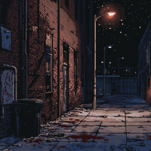 Completed horror-themed side-scroller video game sidewalk view