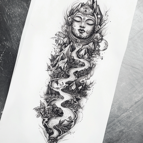 Complex tattoo design of Andean goddess with natural elements.