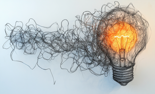 Complex wire drawing in lightbulb shape, glowing orange corner.