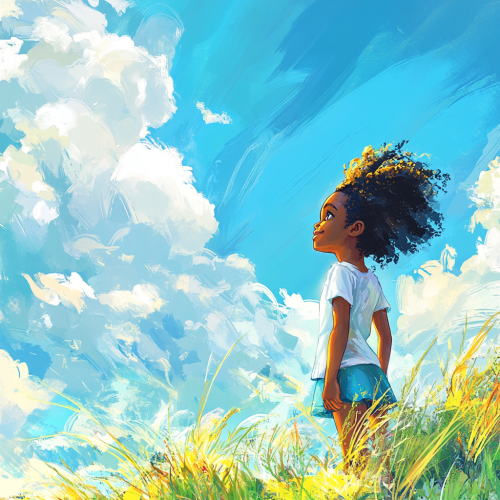 Confident Black child standing joyfully under blue sky Confident Black child standing joyfully under blue sky
