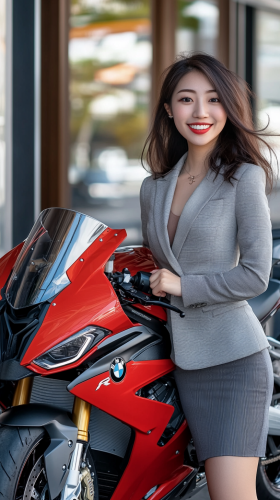 Confident Japanese Woman Leaning on Red BMW