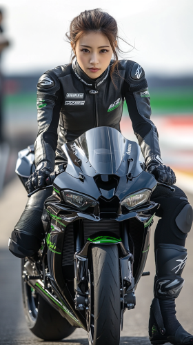Confident Japanese girl on Kawasaki Ninja H2