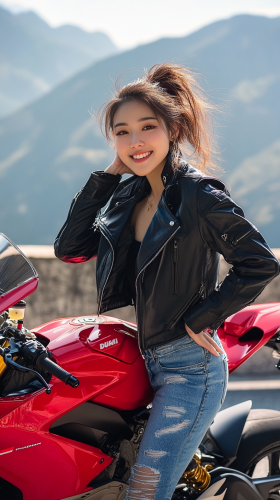 Confident Japanese woman poses with red Ducati V4