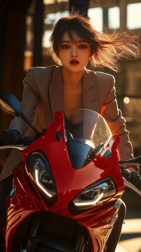 Confident Japanese woman rides red BMW at cafe