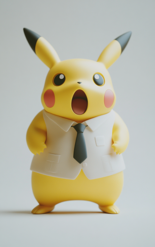 Confident Pikachu giving speech in diorama, white background tilt-shift