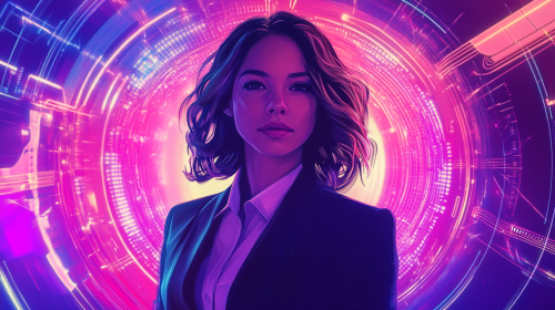 Confident Woman in High-Tech Cyberpunk Environment