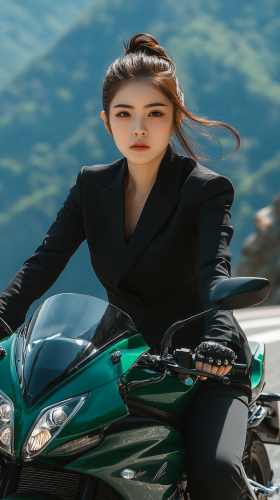 Confident Woman on Green Motorcycle in Mountain Landscape