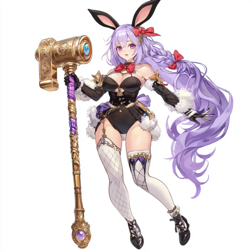 Confident anime girl with purple hair, bunny ears, hammer.