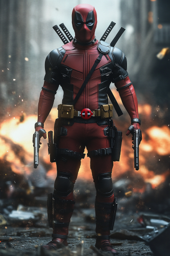 Confident anti-hero with weapons gives thumbs-up in chaos.