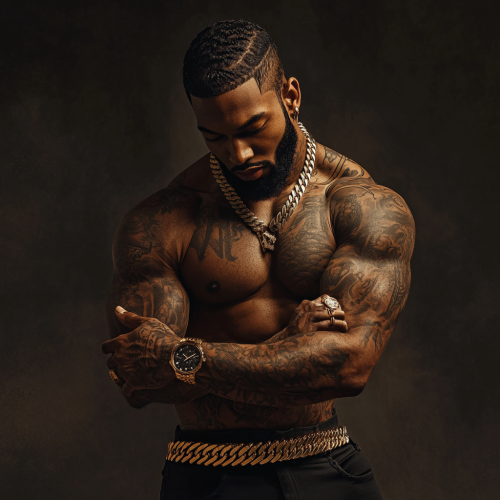 Confident black man with sharp edge up and tattoos.