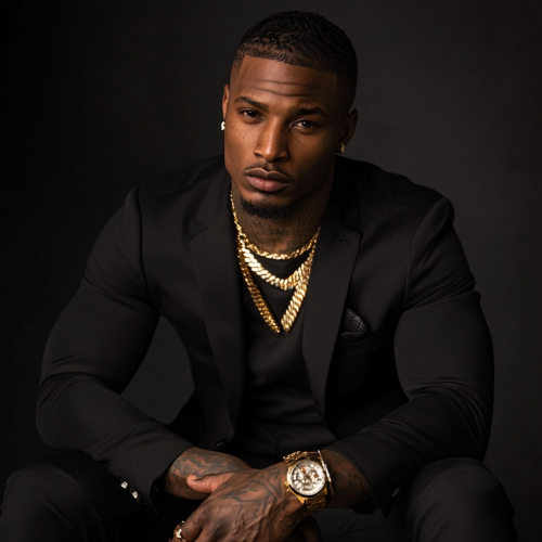 Confident black man with tattoos, slick hair, and gold accessories.