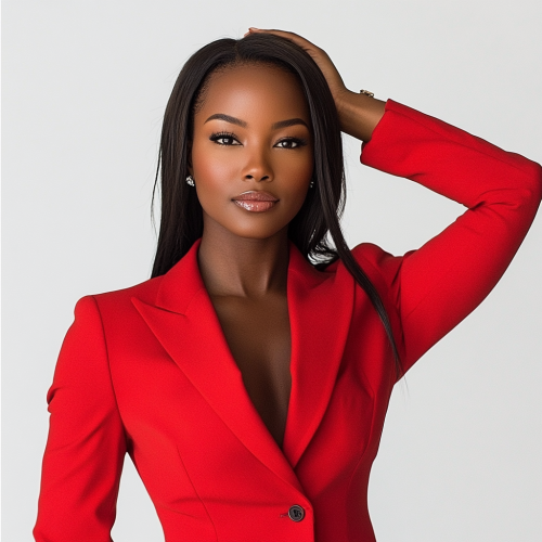 Confident black woman in sleek red suit posing