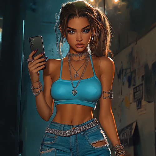 Confident girl in Y2K fashion holding phone pose.