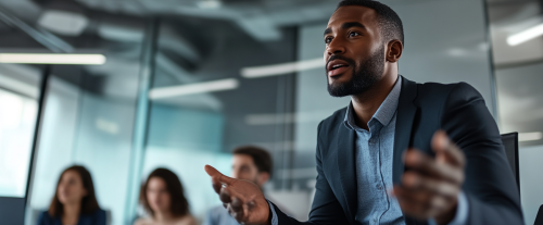 Confident leader speaking to attentive team in office.