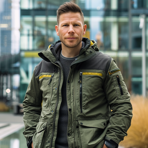 Confident man in green jacket in urban setting.