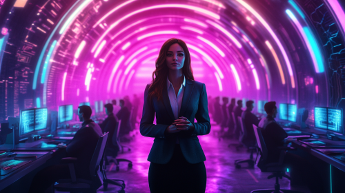 Confident woman leads high-tech office in cyberpunk style