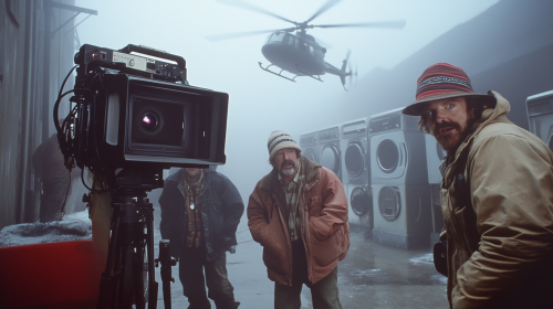 Confused 1982 film crew on foggy loading dock.