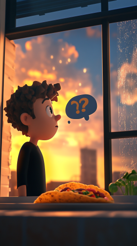 Confused person looking at empty windowsill under sunset.