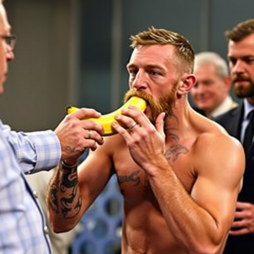 Conor McGregor Kneeling while Eating a Banana