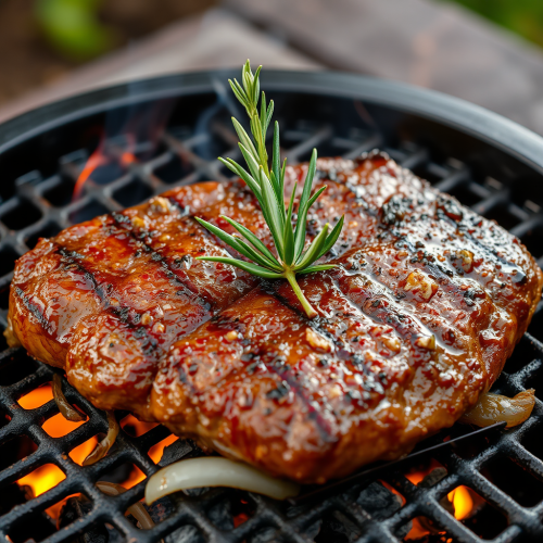 Cooking beef on charcoal grill with onion and rosemary.