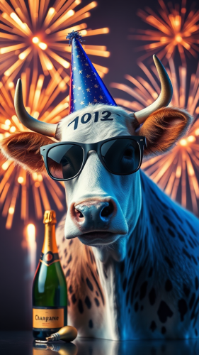 Cool Cow Celebrating New Year with Fireworks