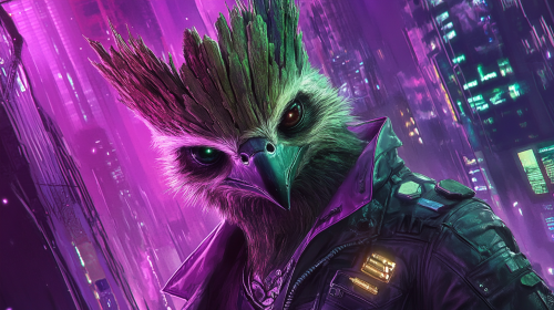 Cool Hawk-headed Groot in trendy clothes on techy background