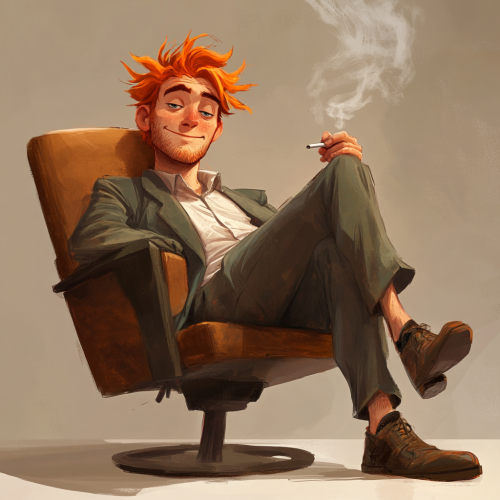 Cool guy with orange curls sitting smoking. Smiling.