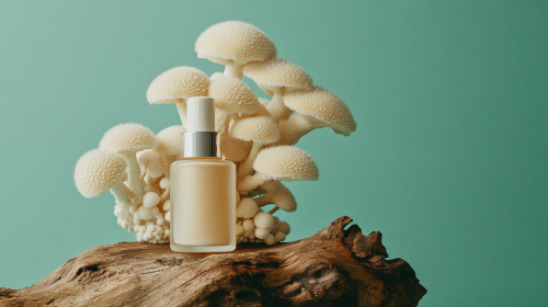Cosmetic bottles and mushrooms on wooden backdrop