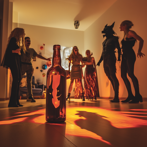 Costume party with young friends dancing at night