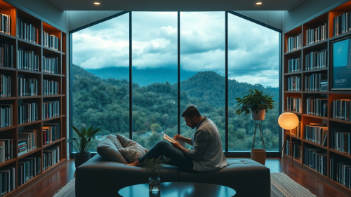 Couple Reading in Cozy Japapi Style Home Library