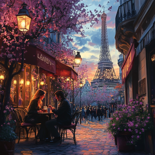 Couple enjoying coffee at Paris café, love in air.