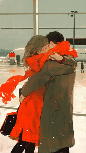 Couple hugging at airport, faces full of love.